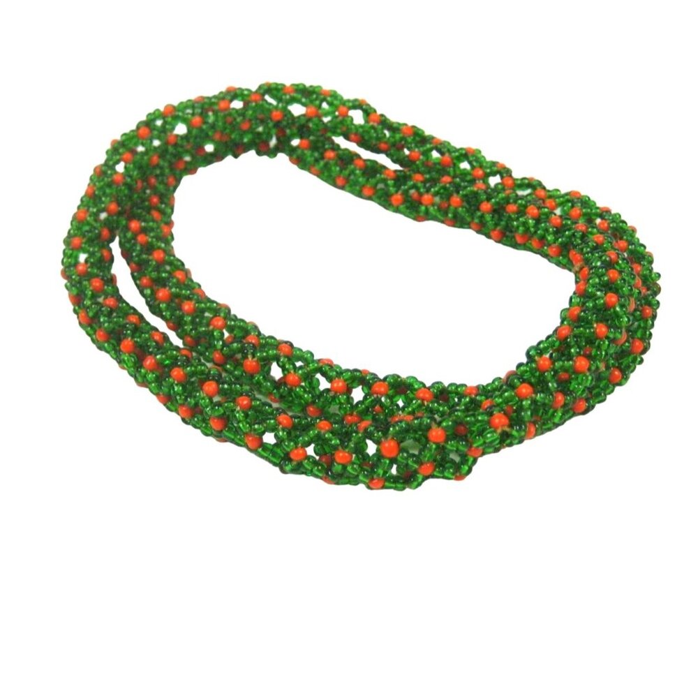 Green Shiny Seed Glass Beaded Rope Necklace Woven 26 inch Strand NO CLASP